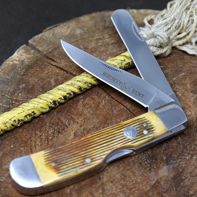 WHISKEY BENT HAT CO. Trapper &amp Locking Bullcutter Folding Pocket Knife 4.125 Closed Length 440C Stainless Steel Blades (Sawmill)