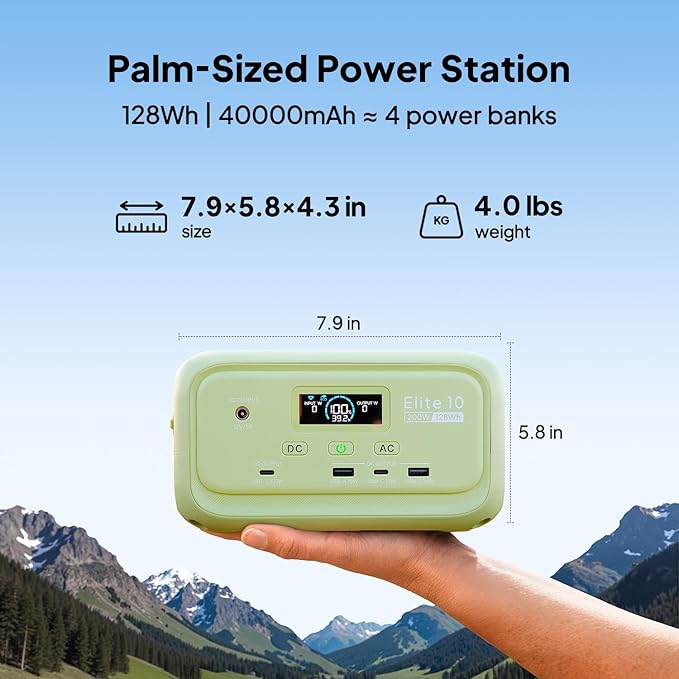 BLUETTI Elite 10 Mini Portable Power Station 128Wh LiFePO4 Battery with 200W AC Outlet 10ms UPS Backup Fast Recharge Solar Generator for Camping Travel &amp Outage Emergency Backup (Meadow Green)
