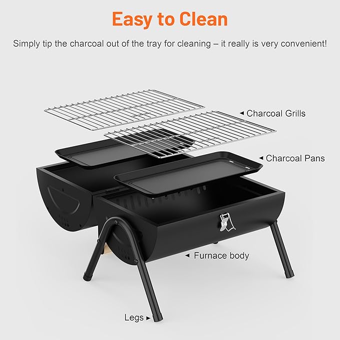 Portable Charcoal Grill with Warming Rack Wooden Handle Tabletop BBQ Grill for Outdoor Barbecue Camping Picnic Backyard Patio Black