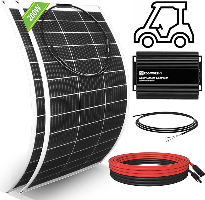 ECO-WORTHY 260W Flexible Solar Panel Kit for Golf Cart1040wh/day GenerationCharge While DrivingExtend Battery LifeGo Further：2pcs 130W Solar Panel24V/36V/48V/60V/72V MPPT Boost Charge Controller