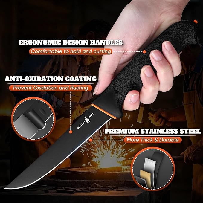 Golden Bird Butcher Knife Set - Non-slip Skinning Knife Set with Roll Bag Professional Game Processing Knives Sets - Butcher &amp Skinning Boning Knives with German Stainless Steel Gift for Men