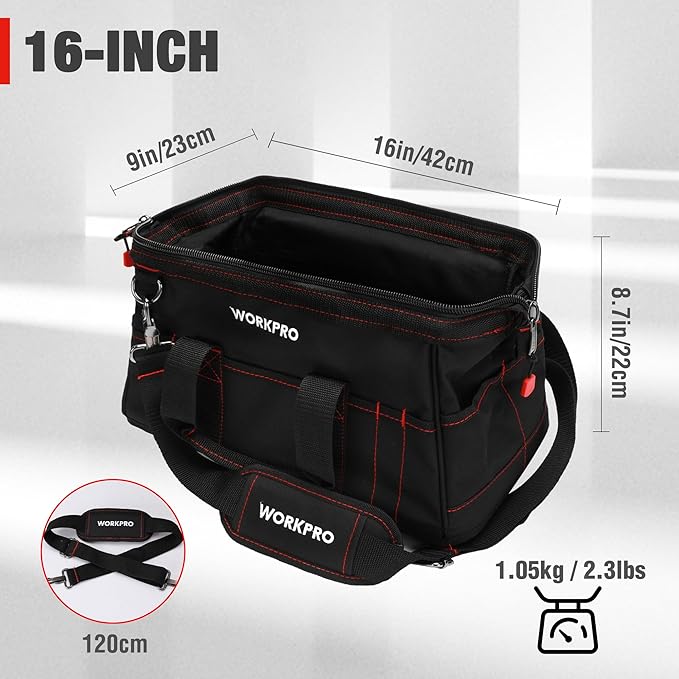 WORKPRO 16-inch Close Top Wide Mouth Tool Storage Bag with Water Proof Rubber Base W081022A 16