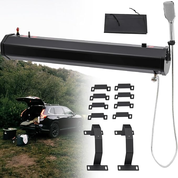 Roof Rack Mount Road Shower Pressurized Water Tankwith 1.6bar Self-Pressurization Safety Valve &amp 4.9ft Hosefor Hiking Car wash Pet Cleaning Beach Vacations 18L