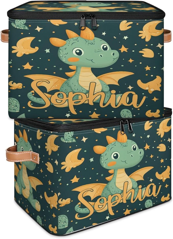 Custom Storage Basket with Name Personalized Storage Bins with Zipper Lid Foldable Fabric Storage Box Large capacity with Handle Dinosaur Star