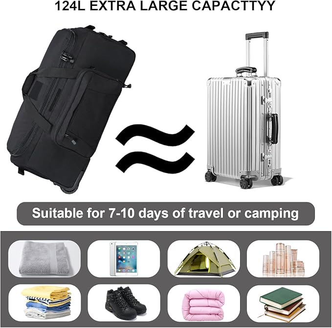 Military Wheeled Deployment Bag Large Tactical Heavy Duty Duffel Bag for Camping Hiking (Black)