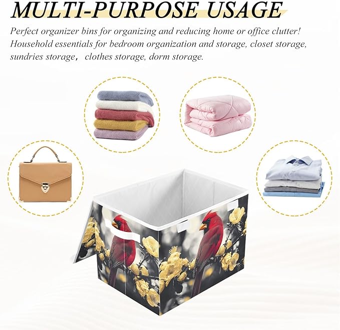 AIXIWAWA Lidded Storage Cube (Gold Flower Bird) Fabric Foldable Closet Bins with Flip Lid and Handles Organizer Basket Container 16.5 x 12.6 x 11.8 IN