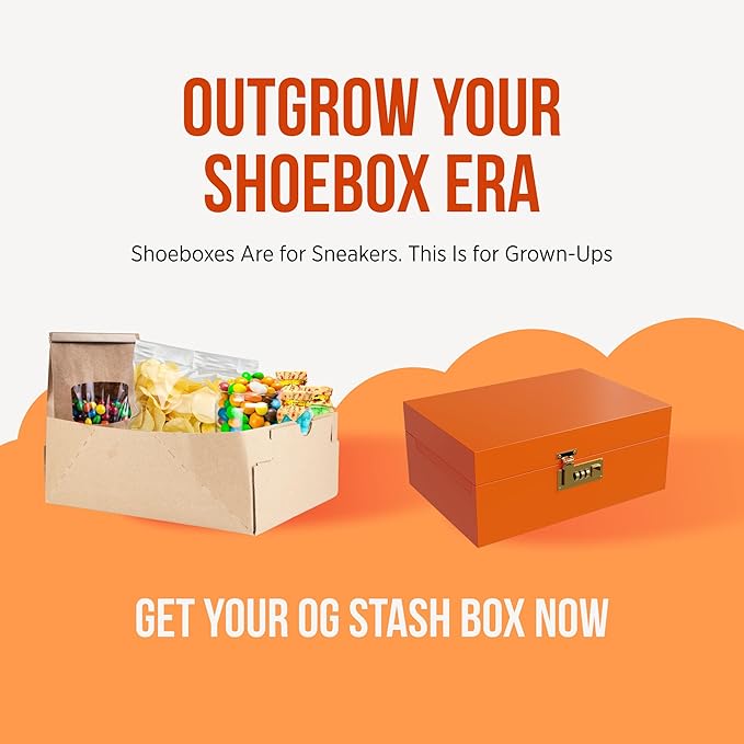 HASHSTASH The OG Storage Box - Large Bamboo Box with Combination Lock Magnetic Lid Organizer Tray Airtight Tube and 3 Jars - Discreet Decorative Locking Wooden Box with Accessories (Neon Orange)