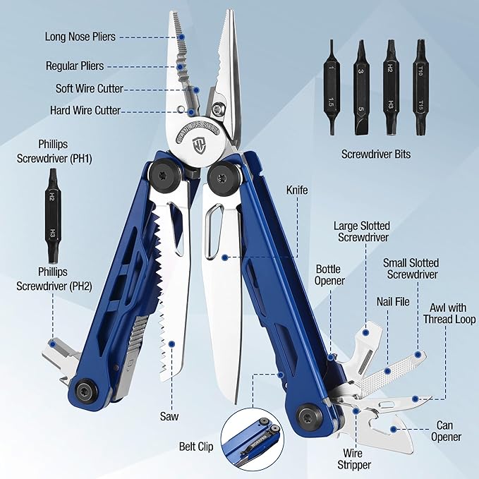 WORKPRO 24-in-1 Mutitool Stainless Steel Multitool Pliers with Pocket Knife and Screwdrivers EDC Self-locking Multi Tool with Sheath Belt Clip for Outdoor Activities Gifts for Men Blue
