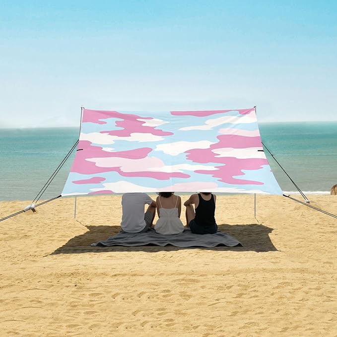 Sky Blue Foldable Beach Cabana UPF50 Easy Setup Shade Sun Shelter with Sandbags Sand Shovel Poles for Backyard and Camping