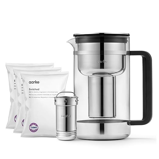 Aarke Purifier Large Glass Pitcher Bundle w/Steel Filter BPA-Free 3 Enriched + 1 Pure Granules 2.8L Pitcher with 1.66L Filtration Capacity