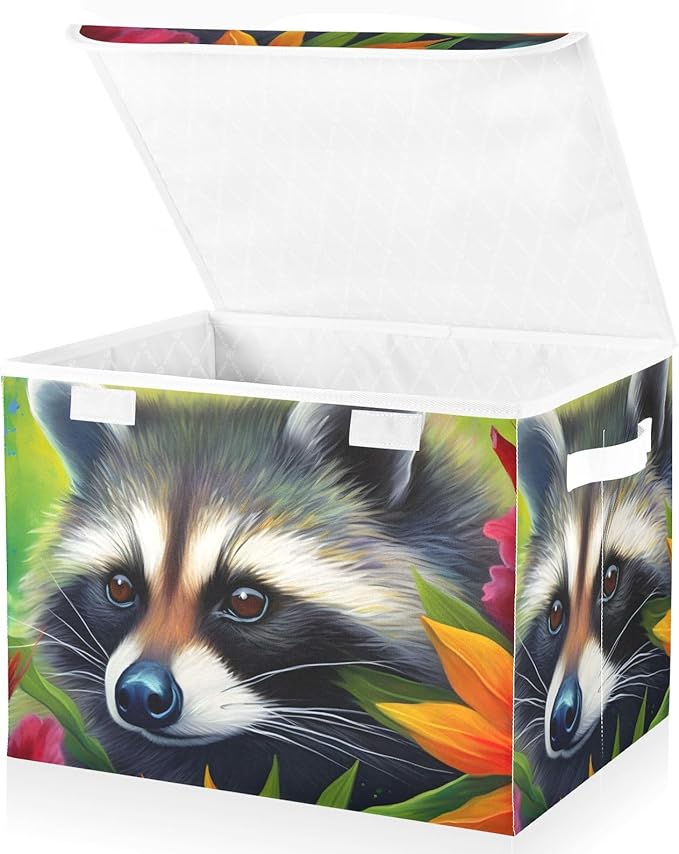 Flower Raccoon Storage Cube with Lid Collapsible Flip-top locker Fabric Storage Bins Basket with Handle for Home Bedroom Closet Office 16.5×12.6×11.8 in