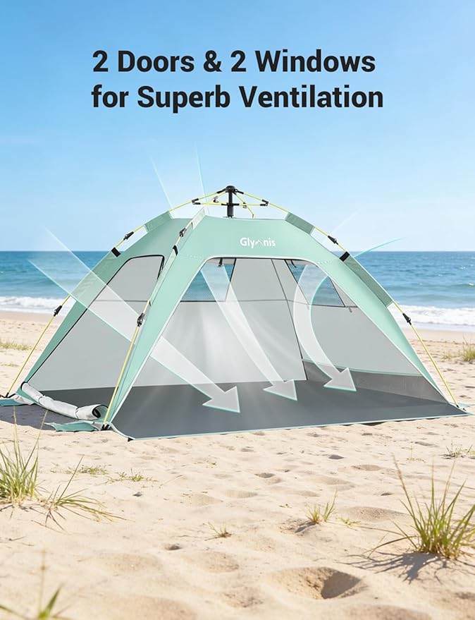 Glymnis Pop Up Beach Tent Sun Shade Shelter for 3-4 Person with UPF 50+ Lightweight &amp Easy Setup Vent Windows &amp Zippered Door Extended Floor Family Instant Beach Tent