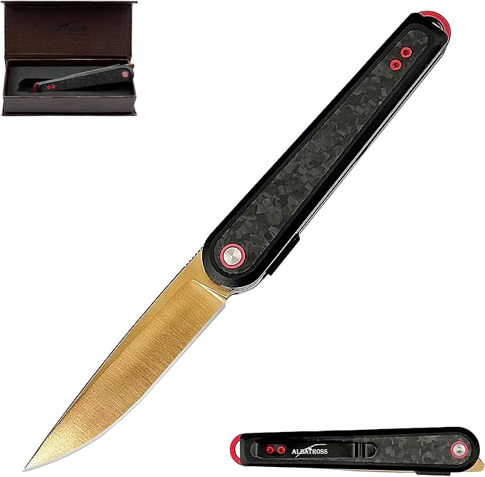 ALBATROSS Collector's Gift for Father's Day Mother's Day Gold Blade Folding Knife 3.3 D2 Steel Black Aluminum &amp Carbon Fiber Reversible Clip CNC Crafted Premium Gift Box