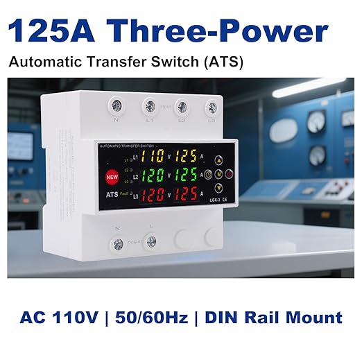 Automatic Generator Transfer Switch 125A 120V 3 Pole Transfer Switch for Generator Backup Power &amp RVs LED Display Priority Phase Selectable Over/Under Voltage Protection DIN Rail Mount