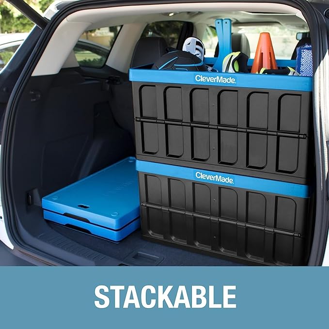 CleverMade Collapsible Storage Bins with Lids (62L 3 Pack) – Heavy Duty Foldable Plastic Storage Crates for Garage Closet &amp Trunk Organization - Obsidian