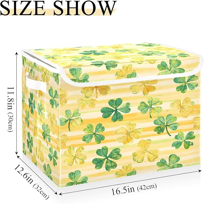 Shamrock Storage Baskets with Lids St. Patrick's Day Collapsible Bins Stackable Fabric Linen Baskets Closet Organizer Container 16.5x12.6x11.8