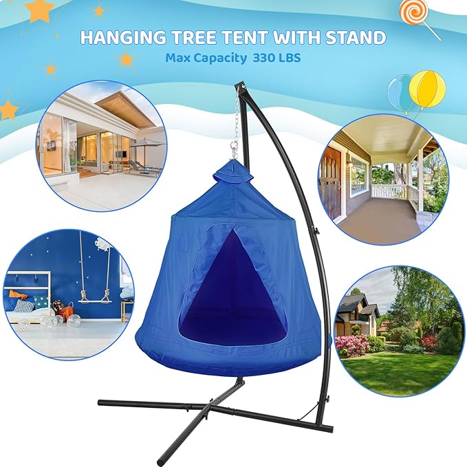 Arlopu Hanging Hammock X-Stand w/Tree Tent Indoor Metal Swing Chair w/Play Tent Outdoor Egg Basket Patio Seat Porch Bedroom Balcony Chair w/Adjustable Solid Stand (Blue)