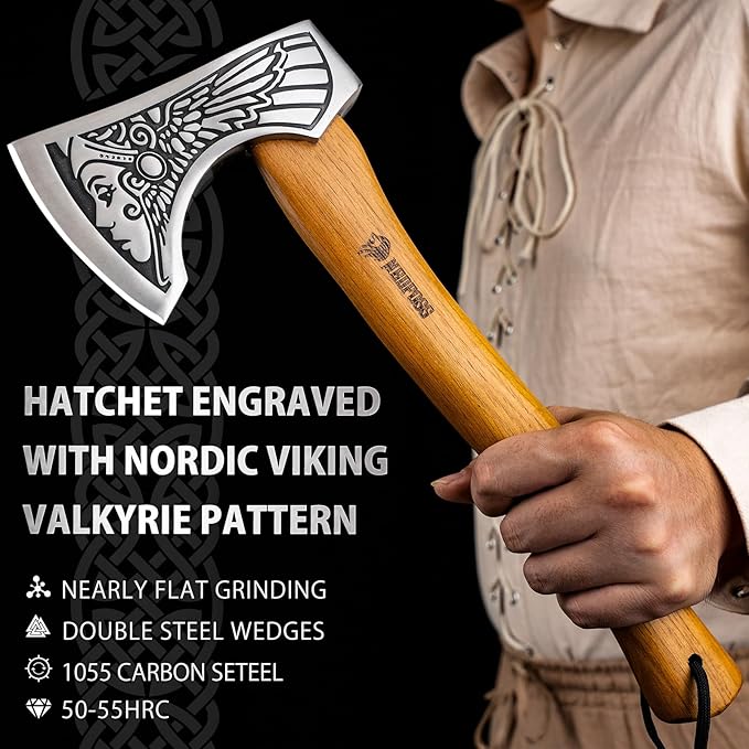 NedFoss 13 Valkyrie Viking Axe Handmade Viking Hatchet with Leather Sheath High Carbon 1055 Steel Blade Premium Viking Axes Design for Camping Bushcraft Hatchet Collection Gift for Men Women