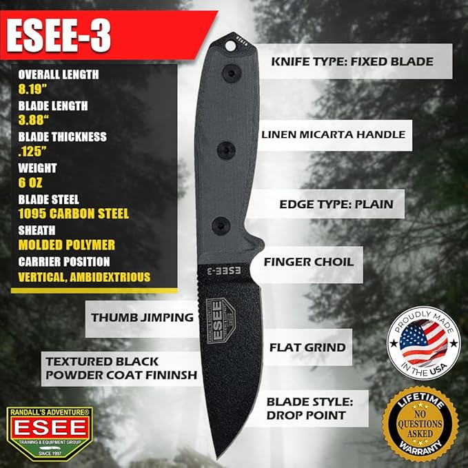 ESEE 3P Fixed Blade Knife with Grey Micarta Scale Handles and Coyote Molded Sheath