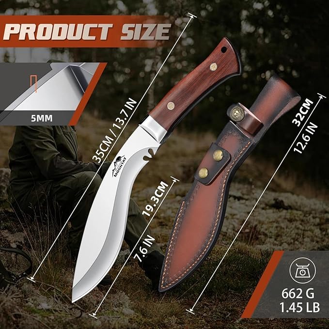 Moontay Fixed Blade Kukri Knife - VG10 Steel Hunting Knife with Sheath Full Tang Survival Knives with Wood Handle for Bushcraft Camping Fishing Hiking BBQ Christmas Gifts for Men and Women