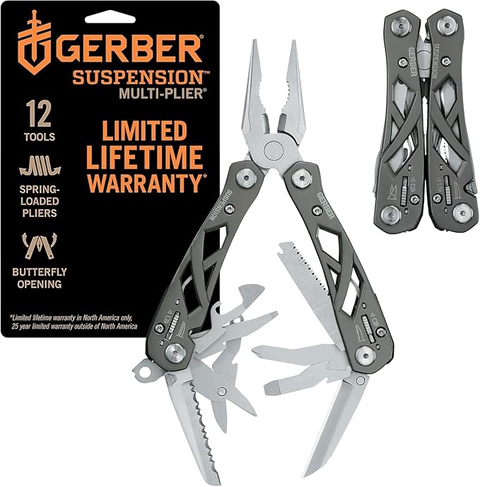 Gerber Gear Suspension 12-in-1 EDC Multi-Plier Multitool with Pocket Knife Needle Nose Pliers Wire Cutters and More Gifts for Men Camping and Survival Grey