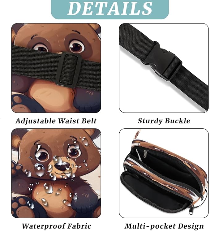 Cute Hand Painted Bears Waterproof Fanny Pack for Women Men Adjustable Waist Bag with Double Zipper Pockets Lightweight Square Hip Pack for Running Travel Hiking Workout Cycling