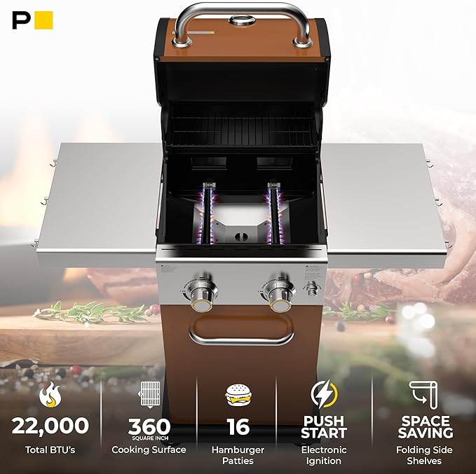 Permasteel 2-Burner Propane Gas Grill BBQ Grill with Foldable Side Tables &amp Tool Hooks Perfect for Outdoor Cooking Patio &amp Garden Copper