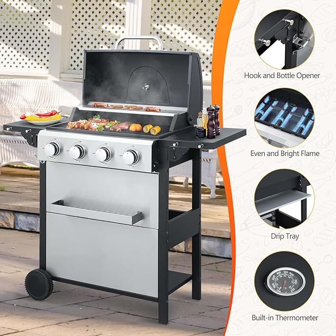 4-Burner Propane Gas Grill with 2 Foldable Side Tables 34200 BTU Outdoor BBQ Grill with Porcelain-Enameled Flame Tamers Built-in Thermometer Easy Assembly for Patio Backyard BBQ