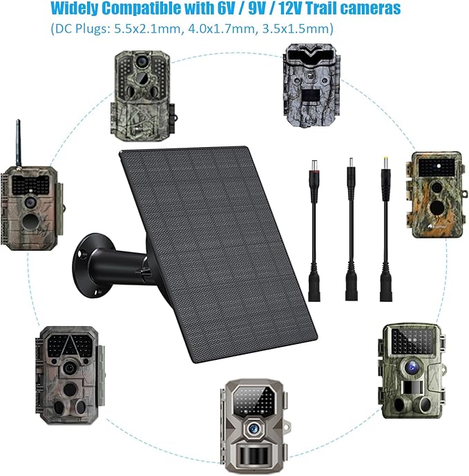 Zivif 5W Trail Camera Solar Panel 10400mAh Built-in Battery Adjustable 6V/9V/12V Output DC Plugs 5.5x2.1mm 4.0x1.7mm 3.5x1.35mm IP66 Waterproof 360° Mount 9.8ft Cable