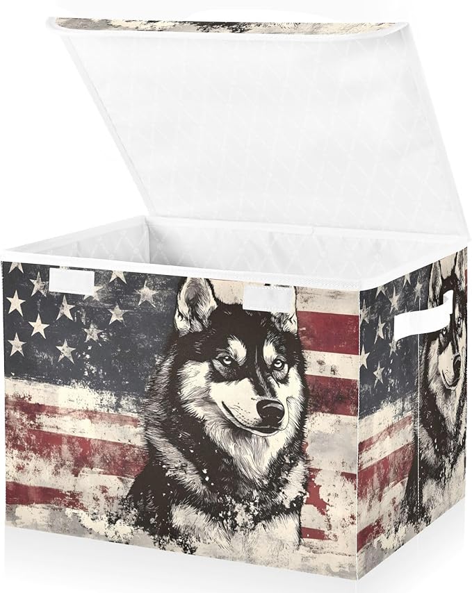 Storage Cube with Lid Husky American Print 16.5×12.6×11.8 IN Collapsible Large Capacity Foldable Storage Basket Bin Organizer