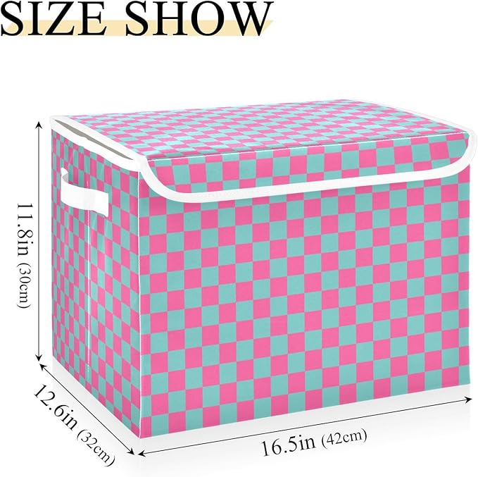Pink Blue Checkerboard Storage Baskets Lidded Bin Foldable Storage Boxes Cubes Lids with 2 Handles for Organizing Closet Home Office