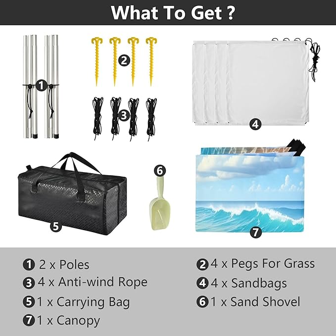 Beach Beach Canopy Sun Shelter with Sandbags &amp Sand Shovel &amp Windproof Ropes - Portable 110x126 Beach Shade Beach Tent for Camping Picnics
