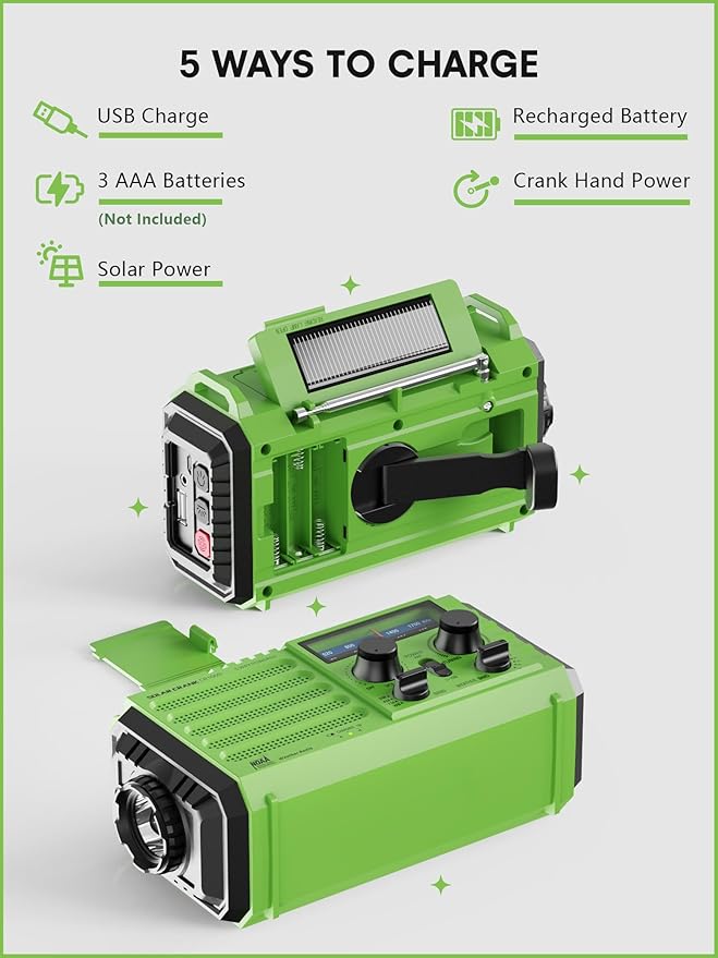 Raynic Weather Radio 5000mAh/18500mWh Solar Hand Crank Emergency Radio Battery Powered AM/FM/SW/NOAA Weather Alert Radio with Flashlight Cell Phone Charger and SOS Siren for Power Outages (Green)