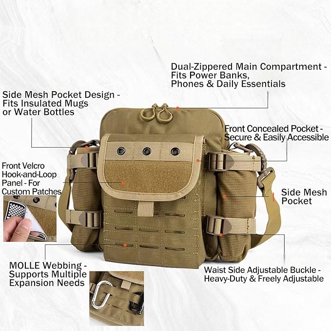 Laser Cut Molle Tactical Sling Bag Backpack for Men - Small EDC Military Molle Crossbody Shoulder Bags (Khaki)