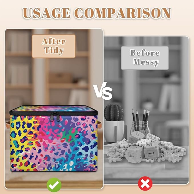 Storage Bin with Lid Leopard Stackable Closet Storage Bins Decorative Bedroom Organizer Box Lidded Baskets Living Room Storages Boxes Cube Organizer Cute Container with Handles