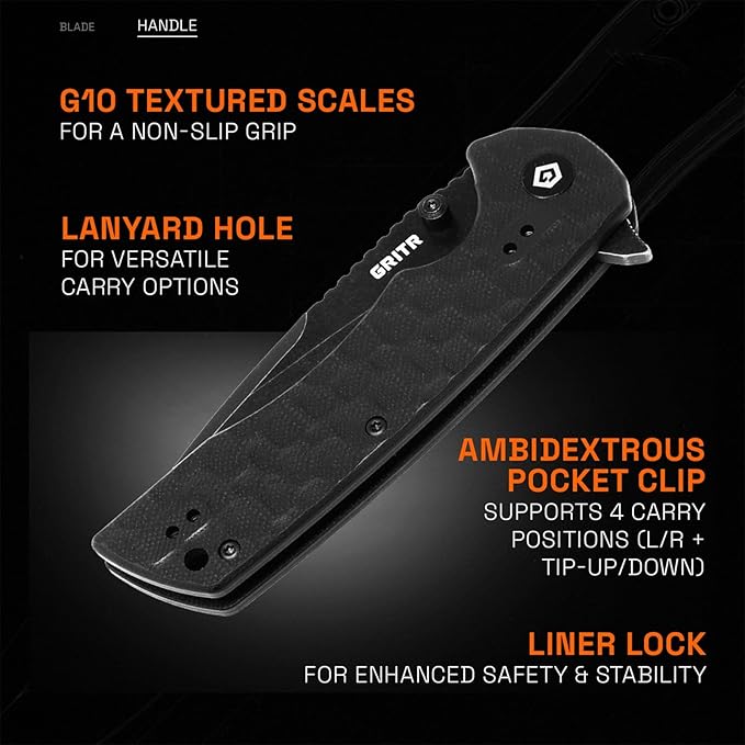 GRITR Stealth Folding Pocket Knife w/ 3.5 D2 Steel Blade for Military Hunting Camping Hiking – Black Handle Non-Serrated Blade with Stonewashed Finish