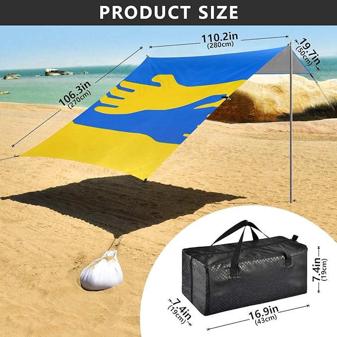 Ukraine Flag Elements Stable Beach Tent UPF50+ Easy Setup Large Sun Shelter with Sand Shovel for Backyard and Camping