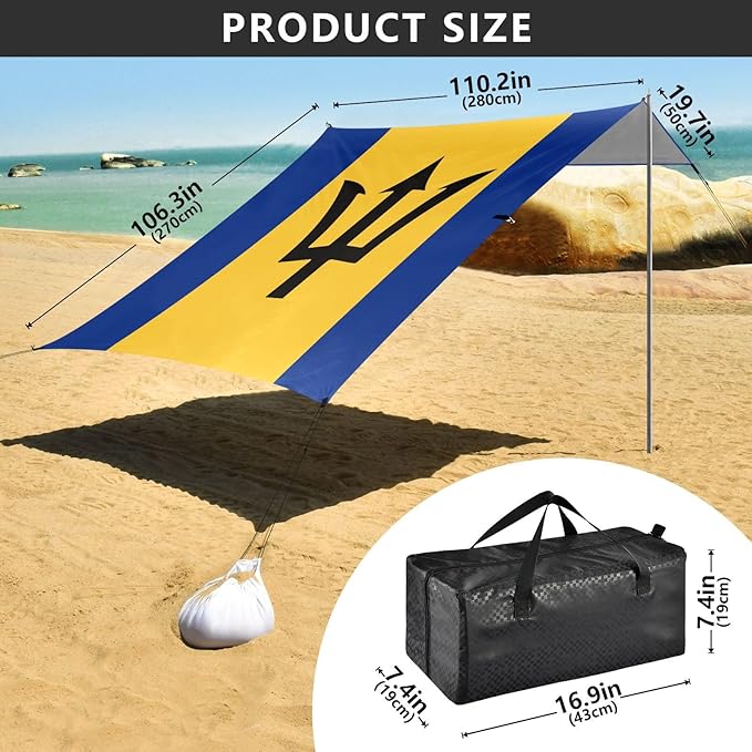 Flag Barbados Foldable Beach Tent UPF50 Water-Resistant Portable Sun Shelter with Sand Shovel for Backyard and Camping