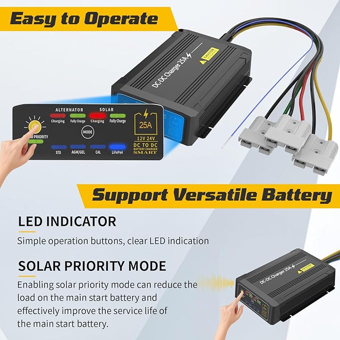 12V 25A DC to DC Charger with MPPT IP68 Waterproof Smart On-Board Battery Charger with Anderson Plug Solar and Alternator Dual Input Fits for LiFePO4 AGM STDGel Cal