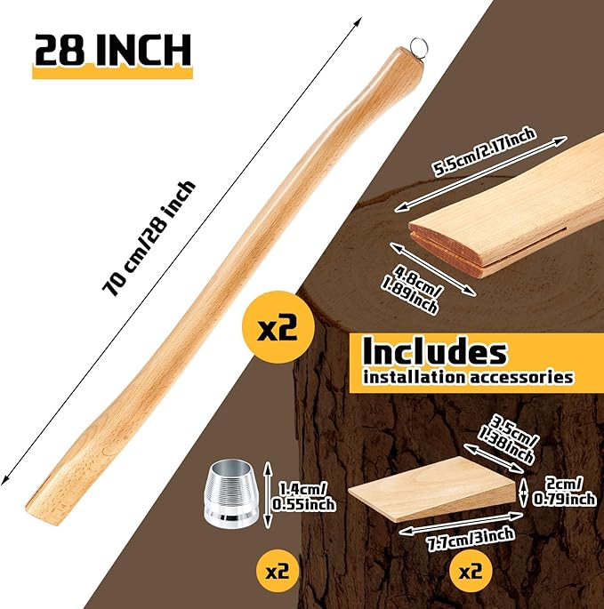 Bucherry 2 Pcs 28 Inches Single Bit Axe Handle Replacement Beech Wood Axe Handle with Wooden Wedge and Steel Wedge for Hand Axes and Camp Axes