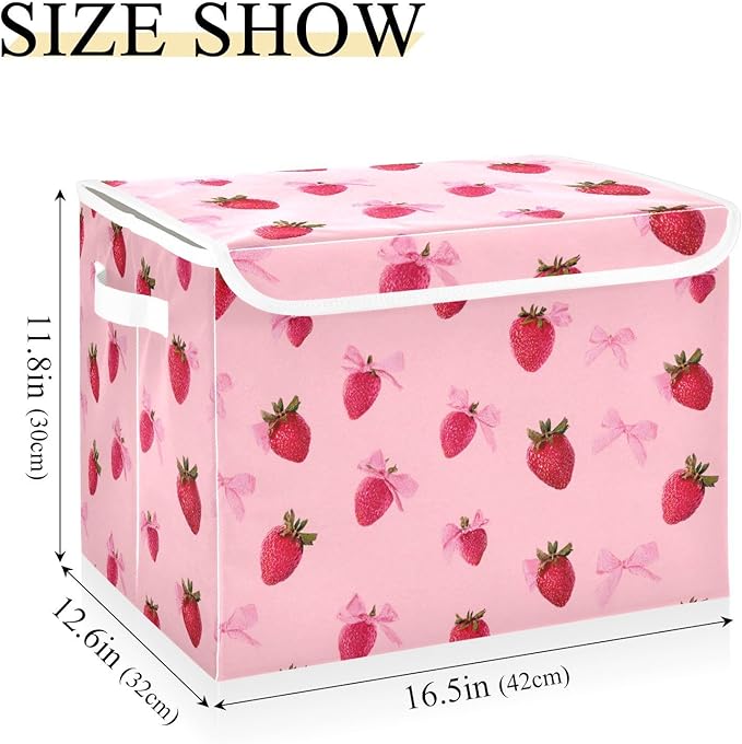 Collapsible Storage Bins with Lids Decorative Fabric Storage Cubes Closet Organizer and Storage Basket Boxes Containers for Clothes Box Chest Nursery Folding Rectangle Red Strawberry Bows