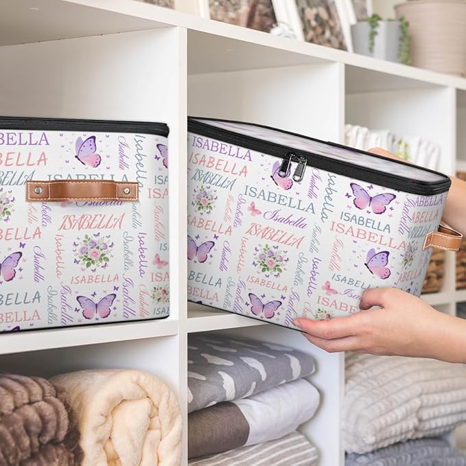 Custom Storage Bins with Zipper Lid Personalized Butterfly Flower Fabric Lidded Storage Baskets Boxes Foldable Cubes Clothes Organizer Container
