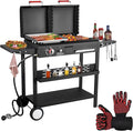 Propane Gas Griddle Charcoal Grill Combo Flat Top Griddle W/Dual Lids &amp 2 Side Shelves Dual Fuel BBQ Grill for Outdoor Barbecue