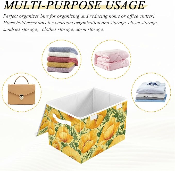 Collapsible Storage Bins with Lids Decorative Fabric Storage Cubes Closet Organizer and Storage Basket Boxes Containers for Clothes Box Chest Nursery Folding Rectangle Yellow Poppy Flowers