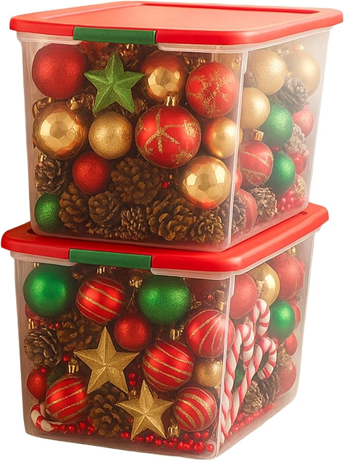 HOMZ 2 Pack Secure Latch Clear Plastic Storage Organizer Bins 64 Quart Red Lid - Stackable Container Boxes for Bedroom Bathroom Garage and Office Organization