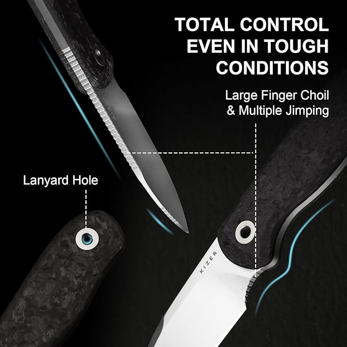Kizer Drop Bear Fixed Blade Knife 2.57 M390 Satin Blade EDC Camping Knife with Black Carbon Fiber Handle &amp Built-in Tools Outdoor Small Hunting Survival Knives with Kydex Sheath 1094A3