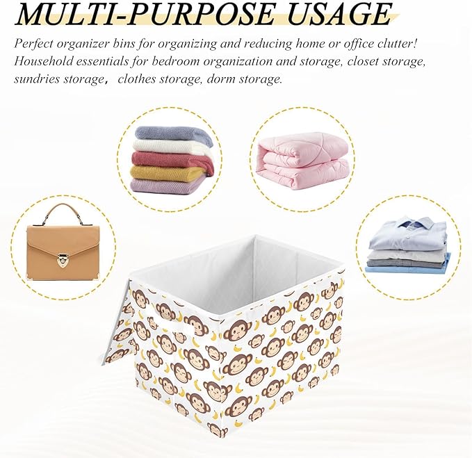 MNSRUU Containers Baskets with Lids Monkey Face Banana Foldable Storage Bins Organizer with Lid Collapsible Storage Boxes for Home Bedroom Closet Office