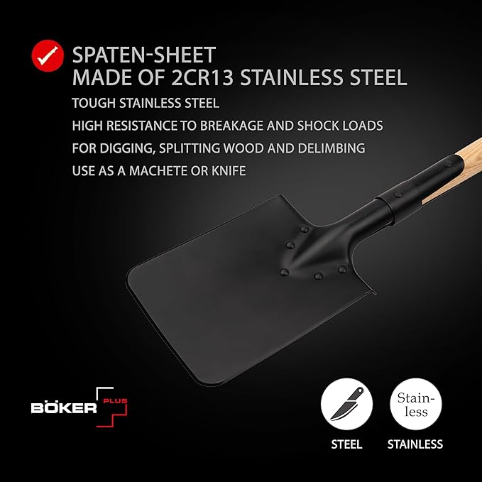 Boker Plus® Shovel M1874 - German Field Spade with Wooden Handle - Army Short Spade Based on Historic Pioneer Spade - Short Outdoor Shovel with Bag for bushcraft Camping and Survival Equipment
