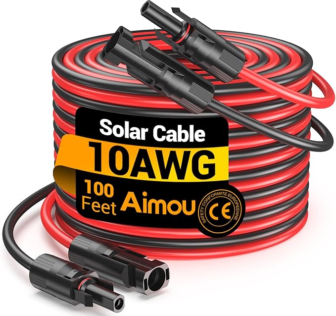 100FT 10AWG Solar Extension Cable 10 Gauge Solar Panel Wire with Waterpproof Female and Male Connectors for Outdoor RV Off-Grid Photovoltaic Systems(Black+Red)
