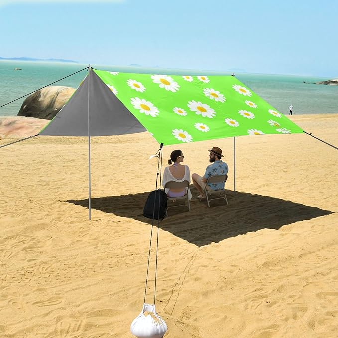 Beach Canopy with Windproof Ropes &amp Sandbags Beach Tent Sun Shade Sun Shelter for Camping Trips Fishing Backyard Fun or Picnics Daisy